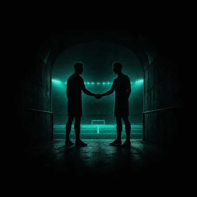 Two figures shaking hands in a tunnel