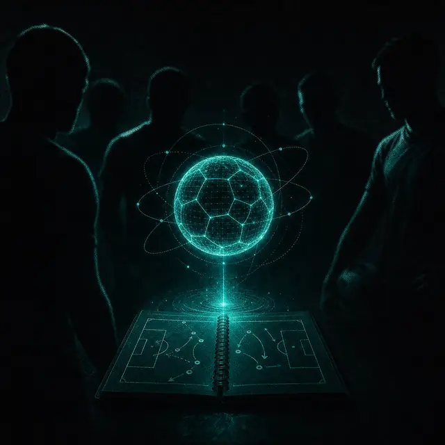 A glowing wireframe ball above an open playbook