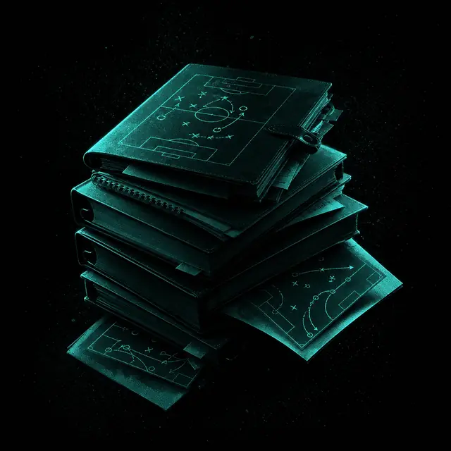 A stack of playbooks with tactical diagrams